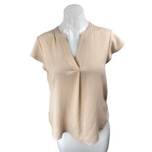 Calvin Klein Women's Beige Short Cap Sleeve V Neck Pleated Blouse Top Size S
